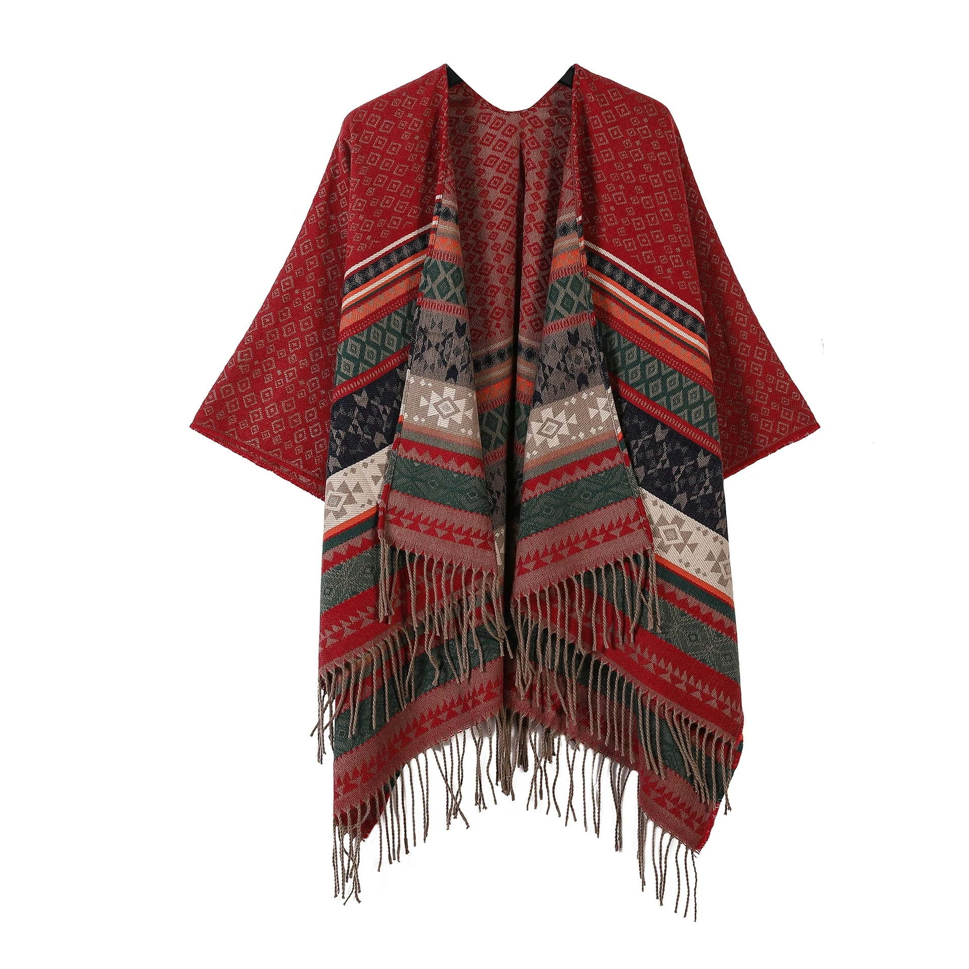 

Осень-зима, новая уличная геометрическая решетка с цветочным узором, имитация кашемира, теплая шаль, плащ, женские накидки-пончо, красные