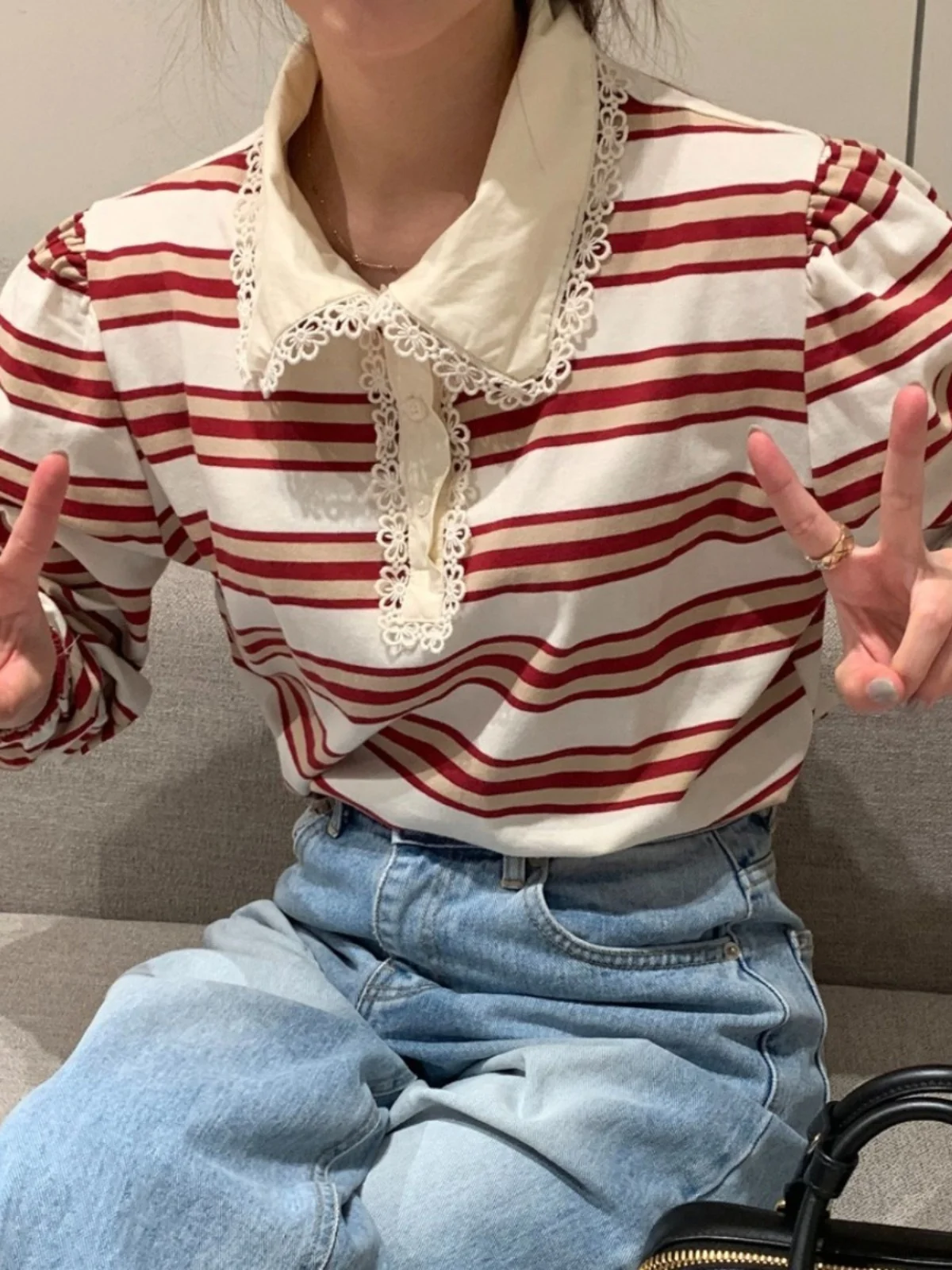 Ruche gestreept lang Sve ort Sweatshirt Dames Design Sense Jeugdige poppenkraag Bubble Sve Koreaanse Sle Koreaanse versie