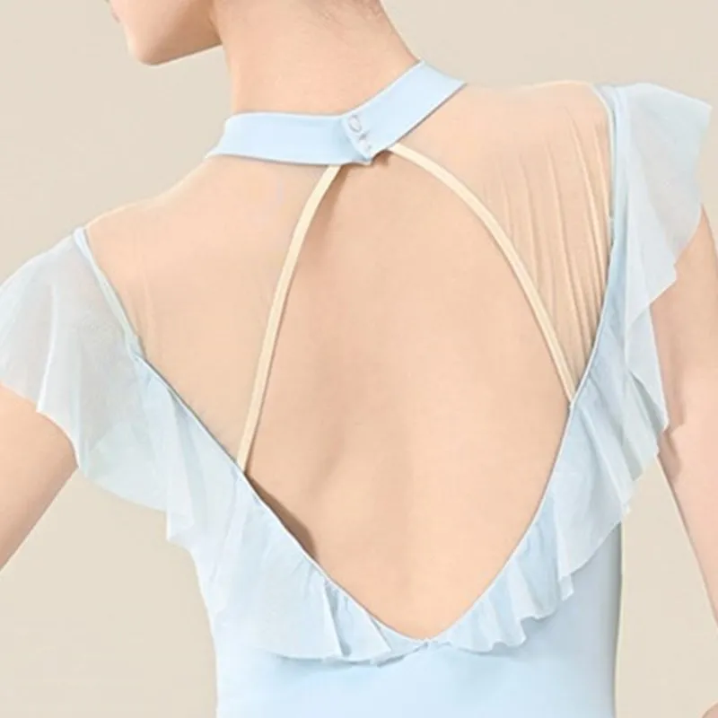 Spandex Women Dance Leotards Short Ruffle Sleeve Mesh Lace Back Ballet Bodysuit Gymnastics Yoga Tops Korea Turtle Neck Chest Pad