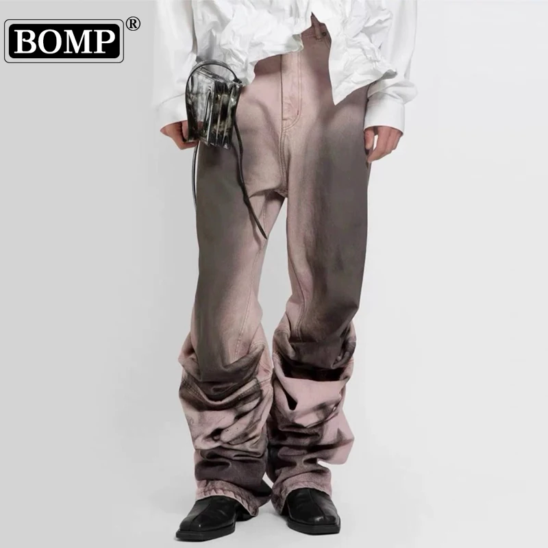 [BOMP] American High Street Style Rendered Dirty Hanging Straight Jeans, Men's Trendy Gradient Wide Leg Pants