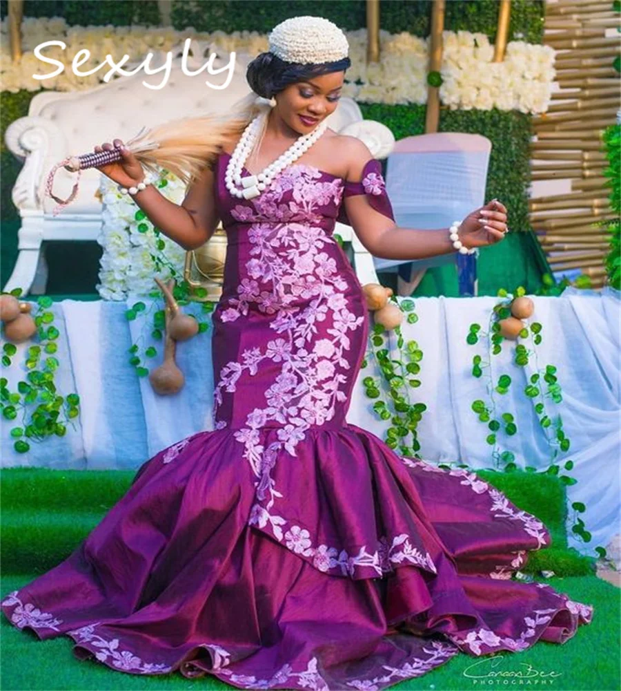 Traditional African Wedding Dress Elegant Plus Size Mermaid Purple Garden Bride Dress Fishtail Lace Bridal Dress Customized