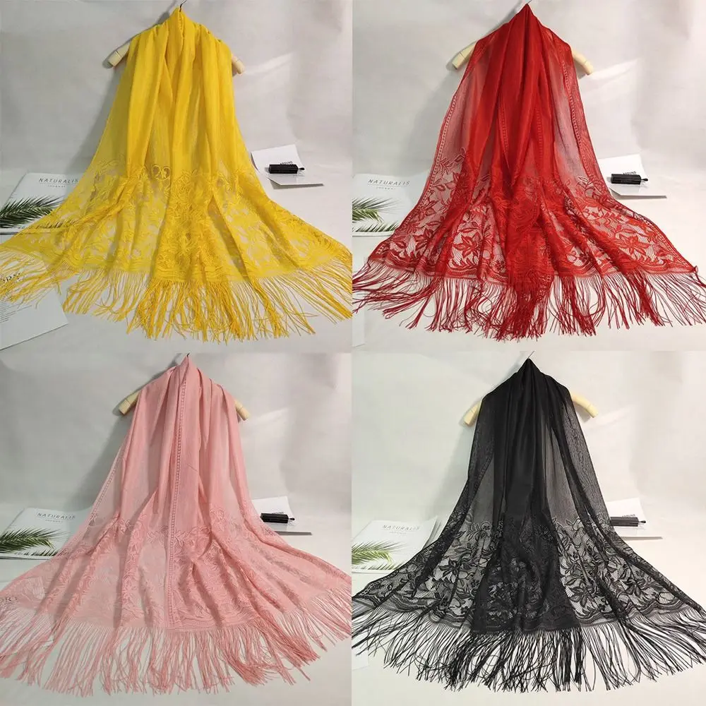 Summer Long Silk Scarf Breathable Lace Tassel Shawls Anti-UV Hollow Pashmina Women