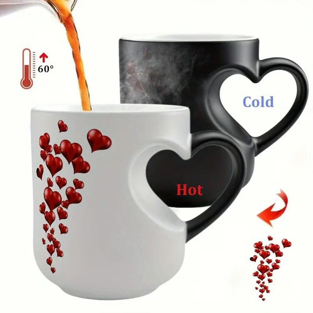 Heart-shaped Color Changing Ceramic Coffee Mug 11oz Heat Reactive Design Romantic Valentine Gift for Him Her