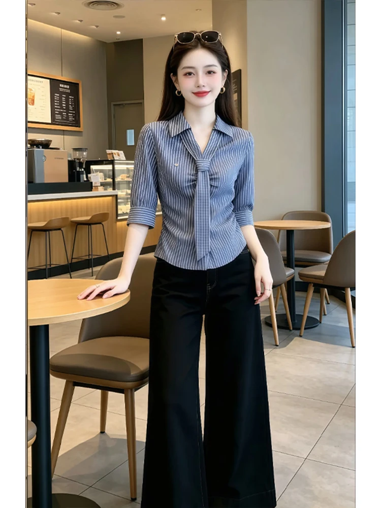 

Slim Fit College Style Shirt Women's Summer New Arrival V-Neck Tie Design Breathable Comfortable Korean Version Fashion Top