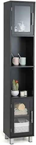 

Bathroom Tall Cabinet, Kitchen Bathroom Floor Cabinet with Two Open Shelves and Compartments with Tempered Glass Doors, 13 x 1