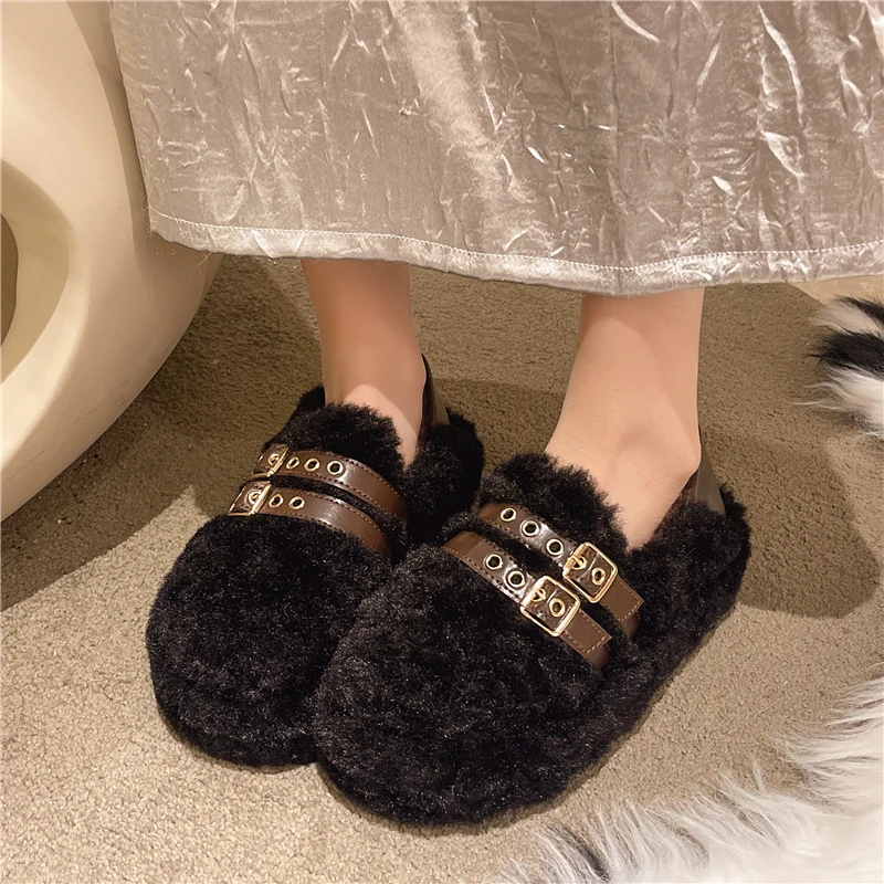 New Style Fashion Women Shearling Flats Furry Lambswool Mocasines Warm Cotton Shoes Ladies Slip on Sheep Fur Lined Loafers