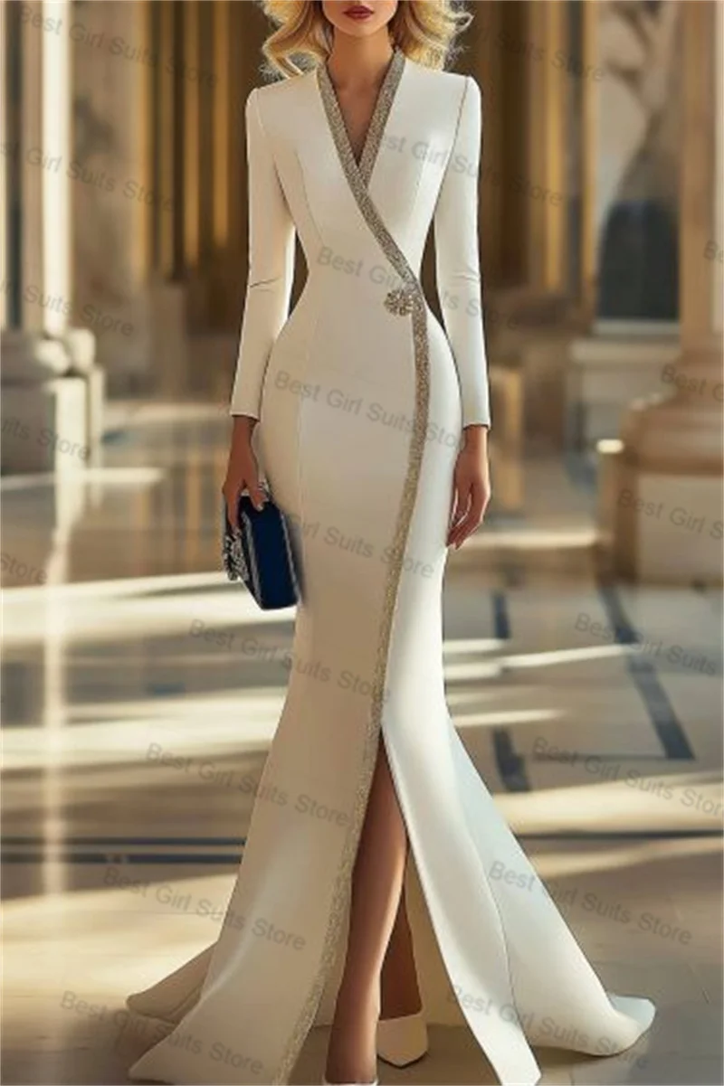 

Summer White Women Suit 1Pcs Long Blazer Prom Dress Sexy V Neck Formal Office Lady Jacket Customized Cotton Wedding Party Coat