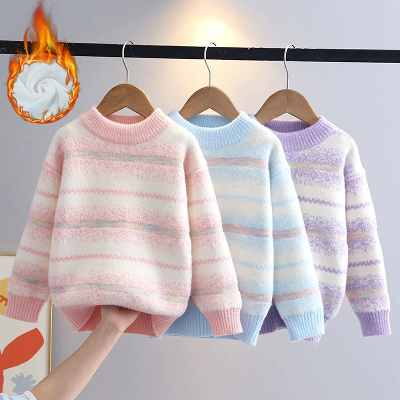 

Детские флисовые свитера, зимние утепленные трикотажные изделия для девочек, детский пуловер в полоску с длинными рукавами и круглым вырезом, новые осенние повседневные топы