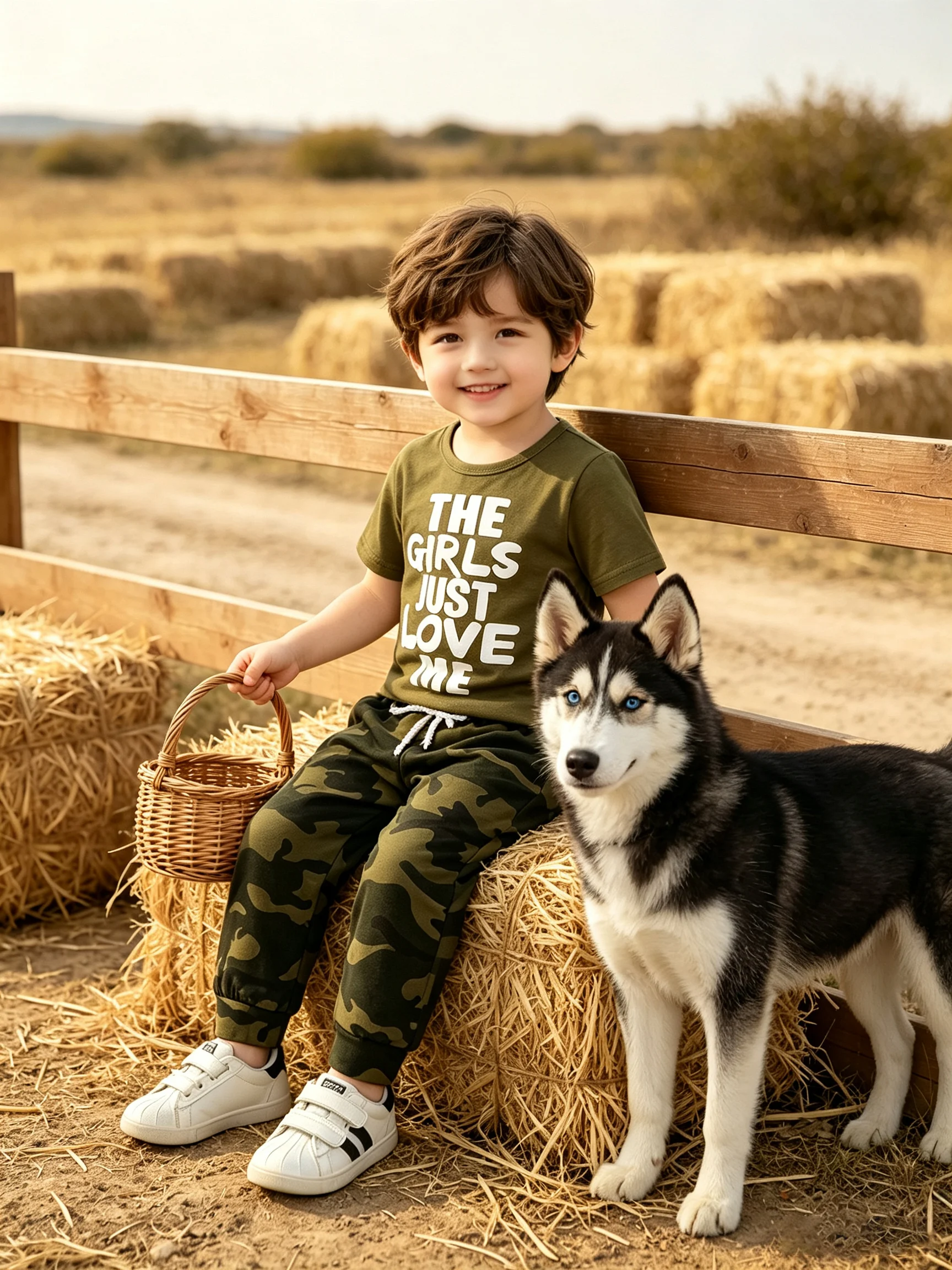 2pcs Spring Fall Baby Boys Outfit Set, Olive Green Letter Print Short Sleeve Tee + Camo Drawstring Jogger Pants, Cool Street Sty