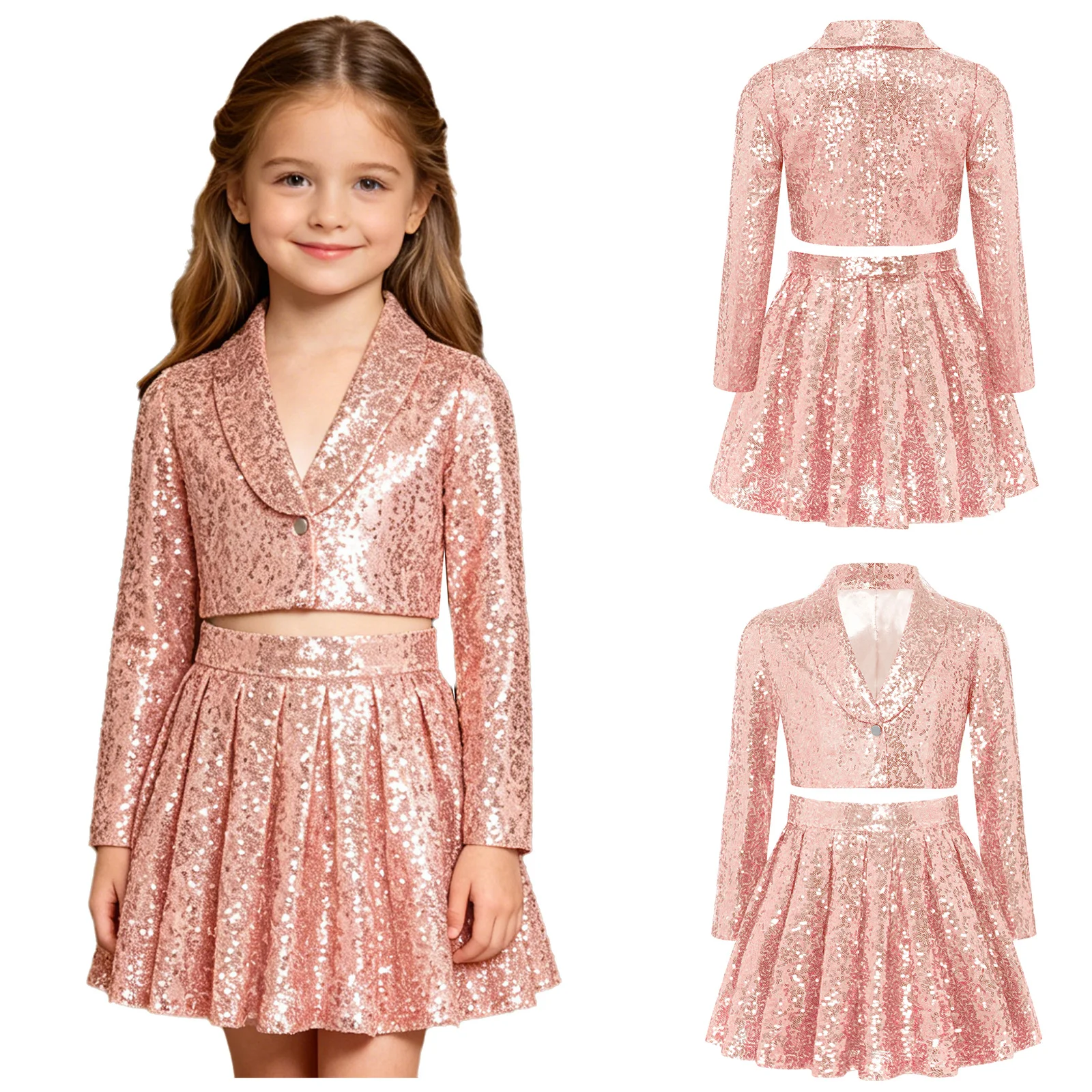 

Kids Girls Glittery Sequin Latin Jazz Outfit Long Sleeve Cardigan Crop Jacket and Pleated Skirt Set for Dance Showcase Gala Even