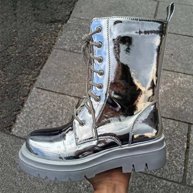 2026 Silver Belt Buckle Cross Strap Rhinestone Short Boots Casual Motorcycle Thick Sole Knight Boot Women Winter Silver Shoes