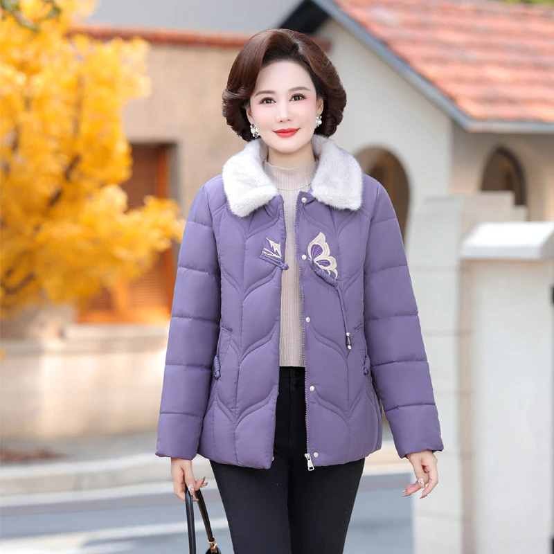 

Women's Parkas Thick Warm Winter Cotton Padded Jackets Loose Fleece Turndown Collar Butterfly Print Covered Button Female Coats