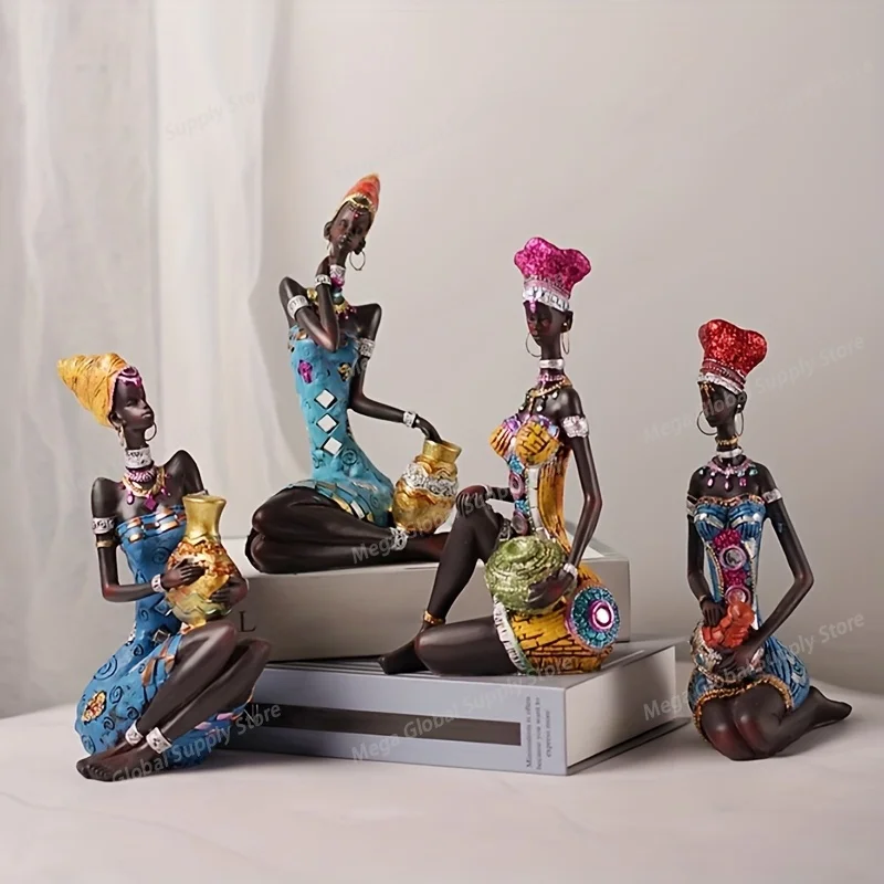 

Elegant Female Figure Statue - African-Inspired with Traditional Headwraps, Vibrant Colors Resin Home Decor for Living Room