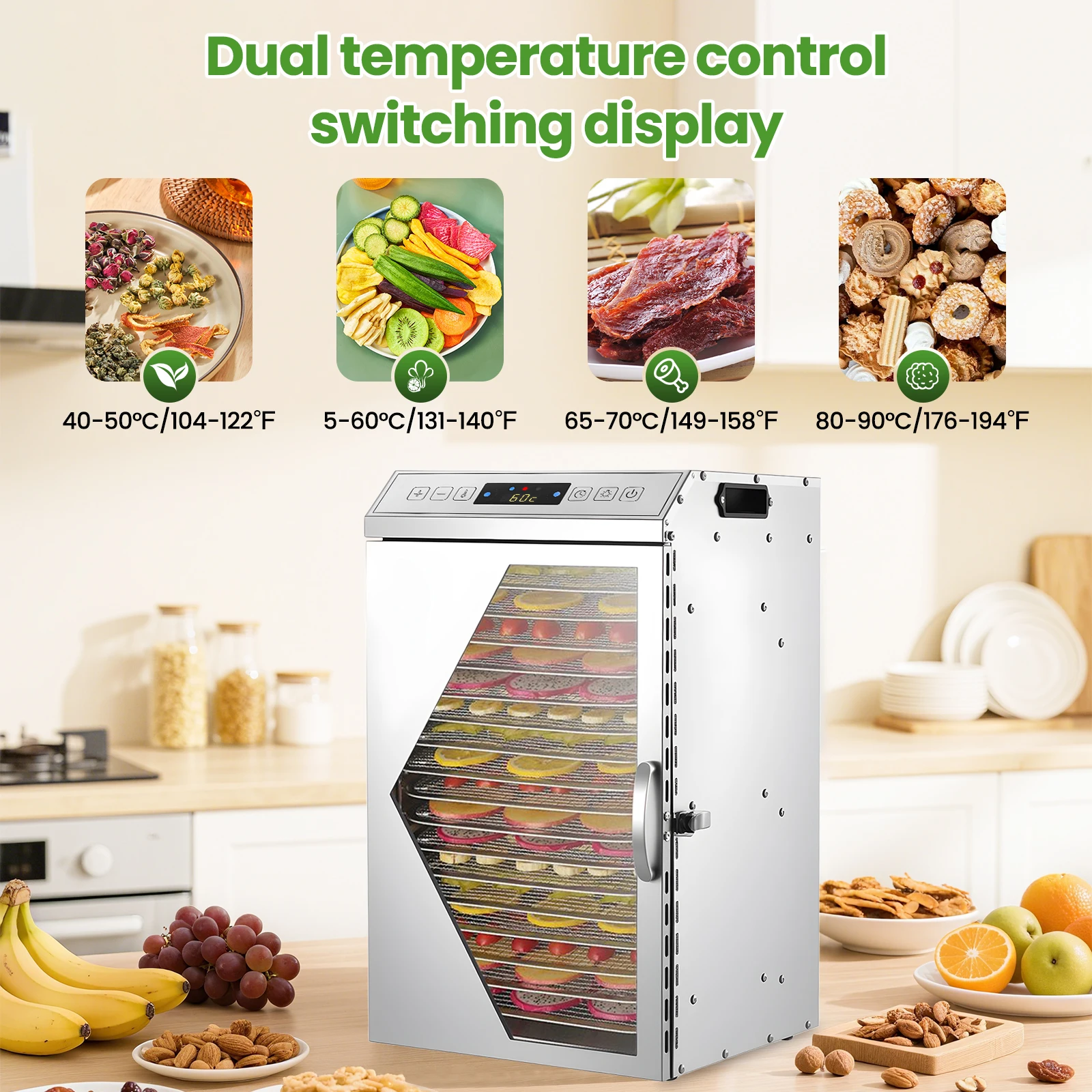 ماكينة تجفيف الطعام 800 وات حتى 194 ℉ 18 صينية مجفف طعام تجاري 24 ساعة مجفف فواكه كهربائي للوجبات الخضار واللحوم #4