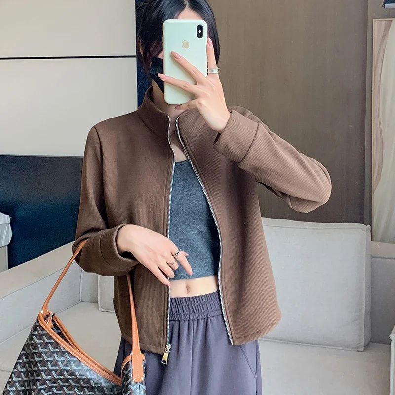 

Ribbed Fleece Slim Stand Collar Cardigan Short Jacket Women Spring Autumn Outerwear Early Fall Top