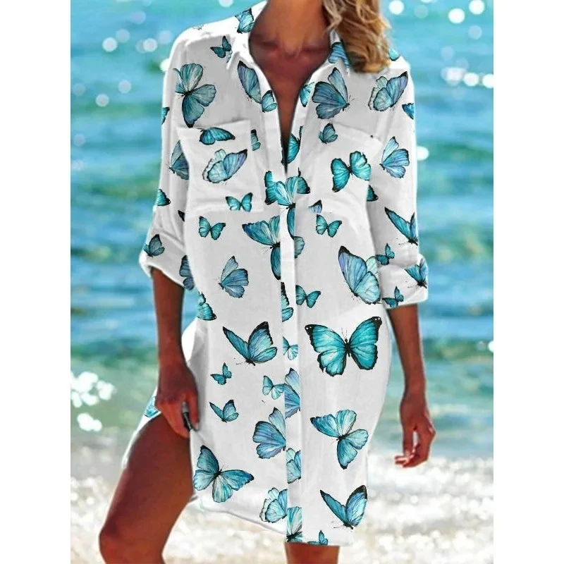 Estate nuova farfalla stampata in 3D camicia da donna hawaiana vestito da spiaggia da donna Sexy camicia cappotto camicia a maniche lunghe Maxi