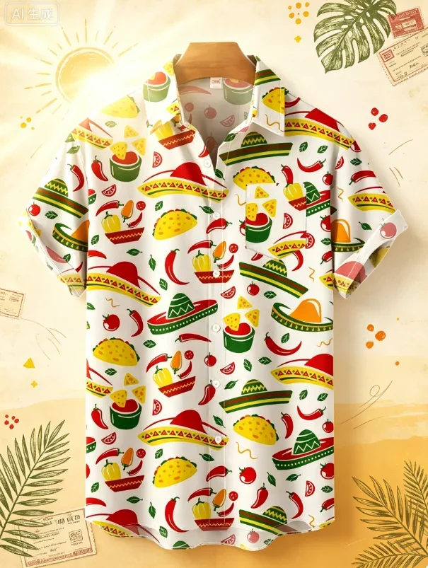 Men's Fashion Hawaiian Shirt Mexican Style Colorful Graffiti Art Printed Short Sleeve Shirt Simple Design Harajuku Clothing