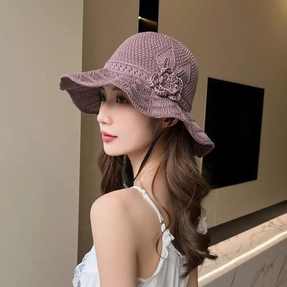Full Face Sun Protection Hat Fisherman Hat with Three-dimensional Flower Hollow Crochet Summer Sun Hat Brim Sun Protection Beach