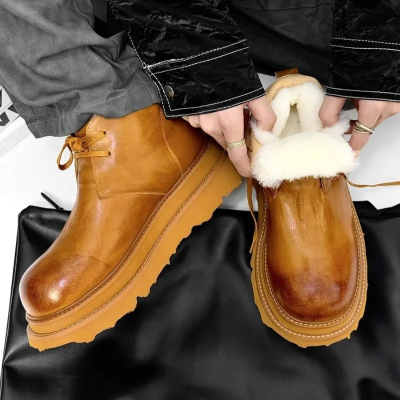 Vintage Genuine Leather Men Snow Boots LaceUp Plush Plush Lining Chunky Platform Sole Streetwear Autumn Winter Warm Footwear