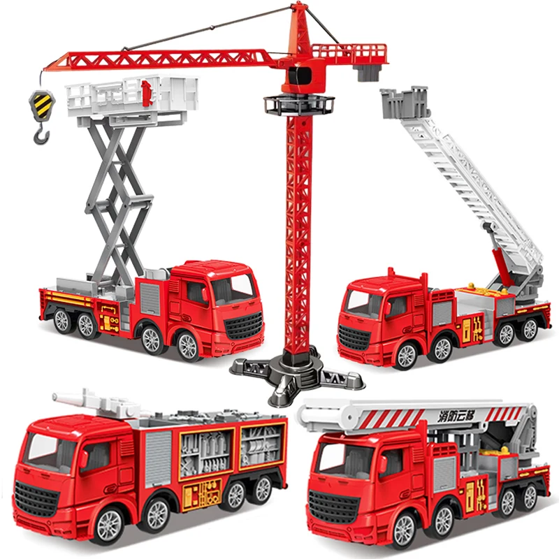 1:55 Diecast Fire Truck Model Simulation Pull Back Ladder Fire Fighting Rescue Car Inertial Toys Children Firefighter Truck