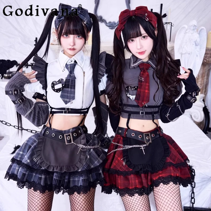 

Japanese Subculture Mine College Style Punk Girls Sweet Cool Top + Skirt Set Cute Sleeves Tie Top+Plaid Skirt Sets Cos Clothing