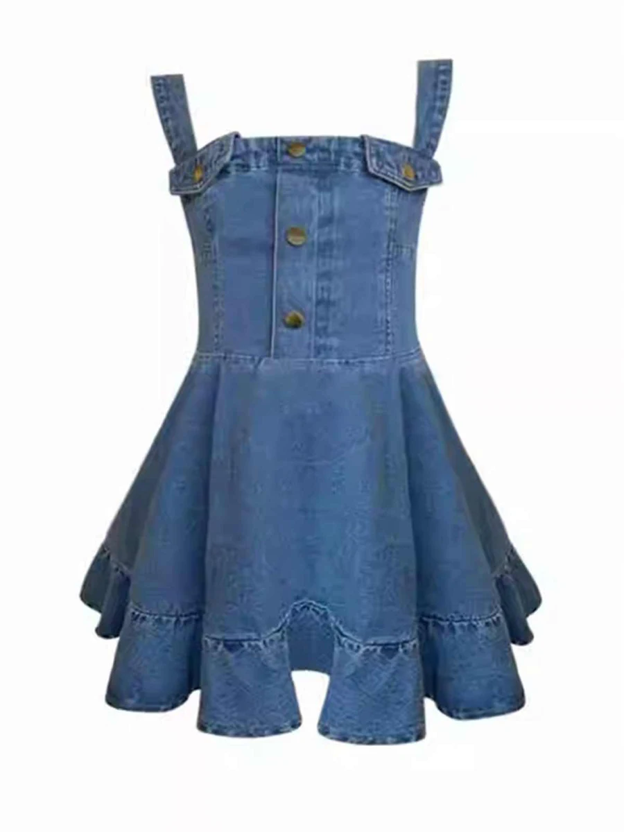 

Temperament Design Sense Denim Strap Short Dress Summer Women Oversized A-line Dresses Blue High Waist Slim Vestidos