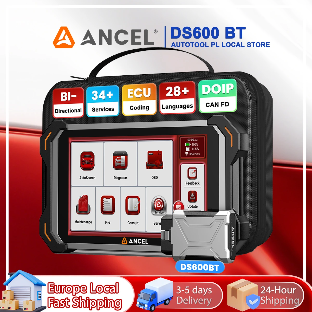 ANCEL DS600BT DS600 ELITE Scanner OBD2 CANFD DOIP Codage ECU 34+ Réinitialisations Outil de Diagnostic Automobile Bidirectionnel Système Complet Mise à Jour Gratuite à Vie
