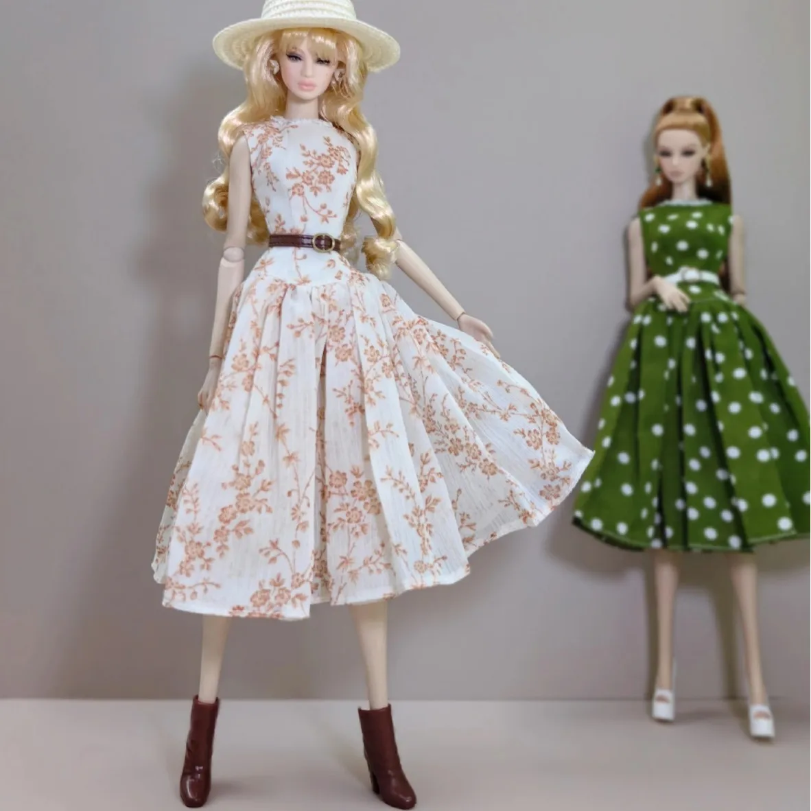 1/6 Babi Doll Clothes Vintage Floral Print Dress Elegant Polka-dot Green Evening Gown For 30cm FR Babi Supermodel Doll Dress Up