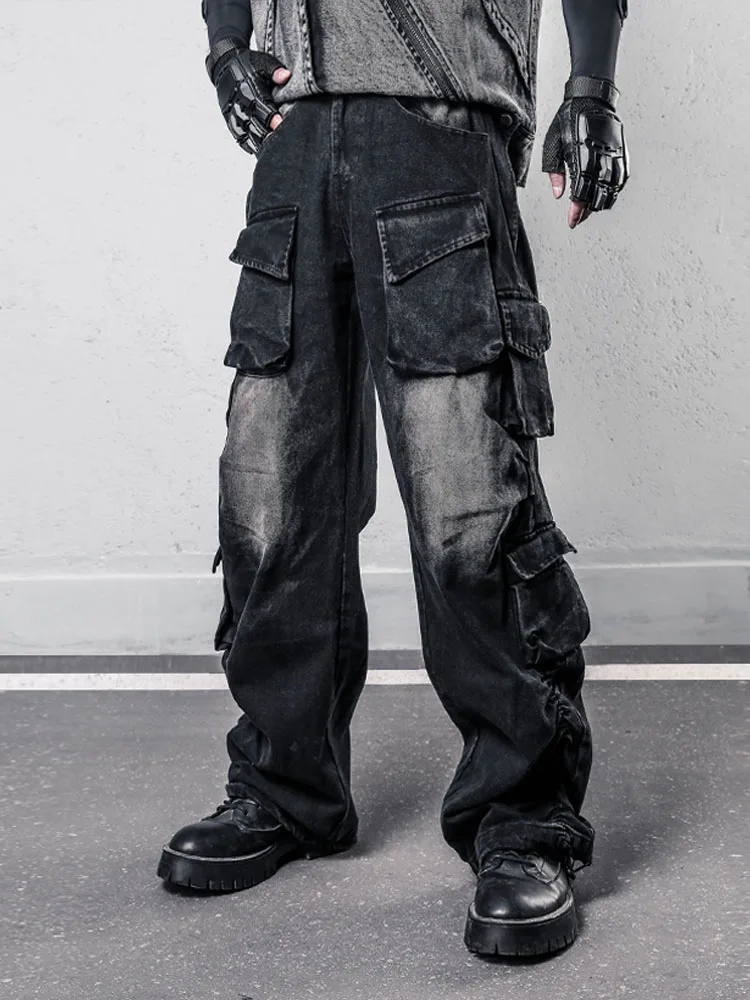 Vintage American Style Street Dance Denim Jeans Multi-Pocket Design Worn-In Look Post-Apocalyptic Trendy Wide Leg Workwear
