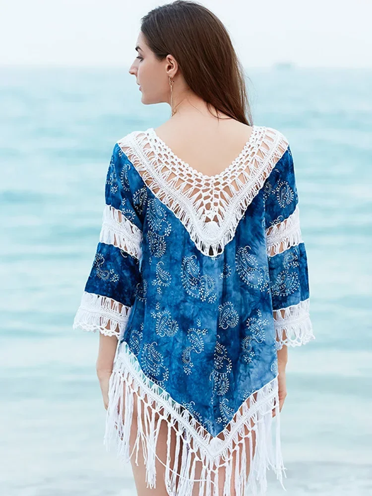 New Tie Dye Printed Beach Cover-Ups Women Bikini Cover Up Hollow Out Tassel Beach Dress Summer 2025 Fashion Female Beachwear