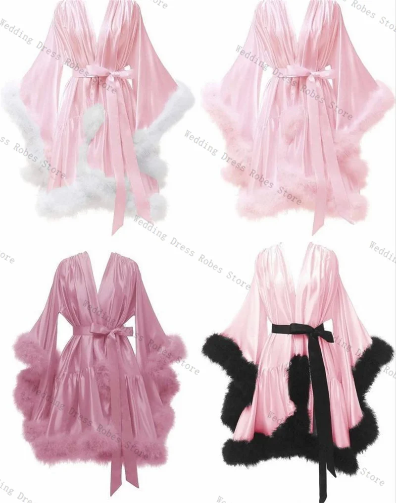 Vestido de fiesta de plumas de satén azul para mujer, para sesión de fotos, Mini batas cortas sexis con cinturón para la mañana, vestido de noche, ropa de dormir personalizada