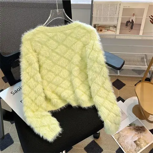 New Fashion Bead Imitation Mink Sweater Women Knitted Cardigan Autumn Winter Long Sleeve Short Loose knitwear Female Tops - Image 2