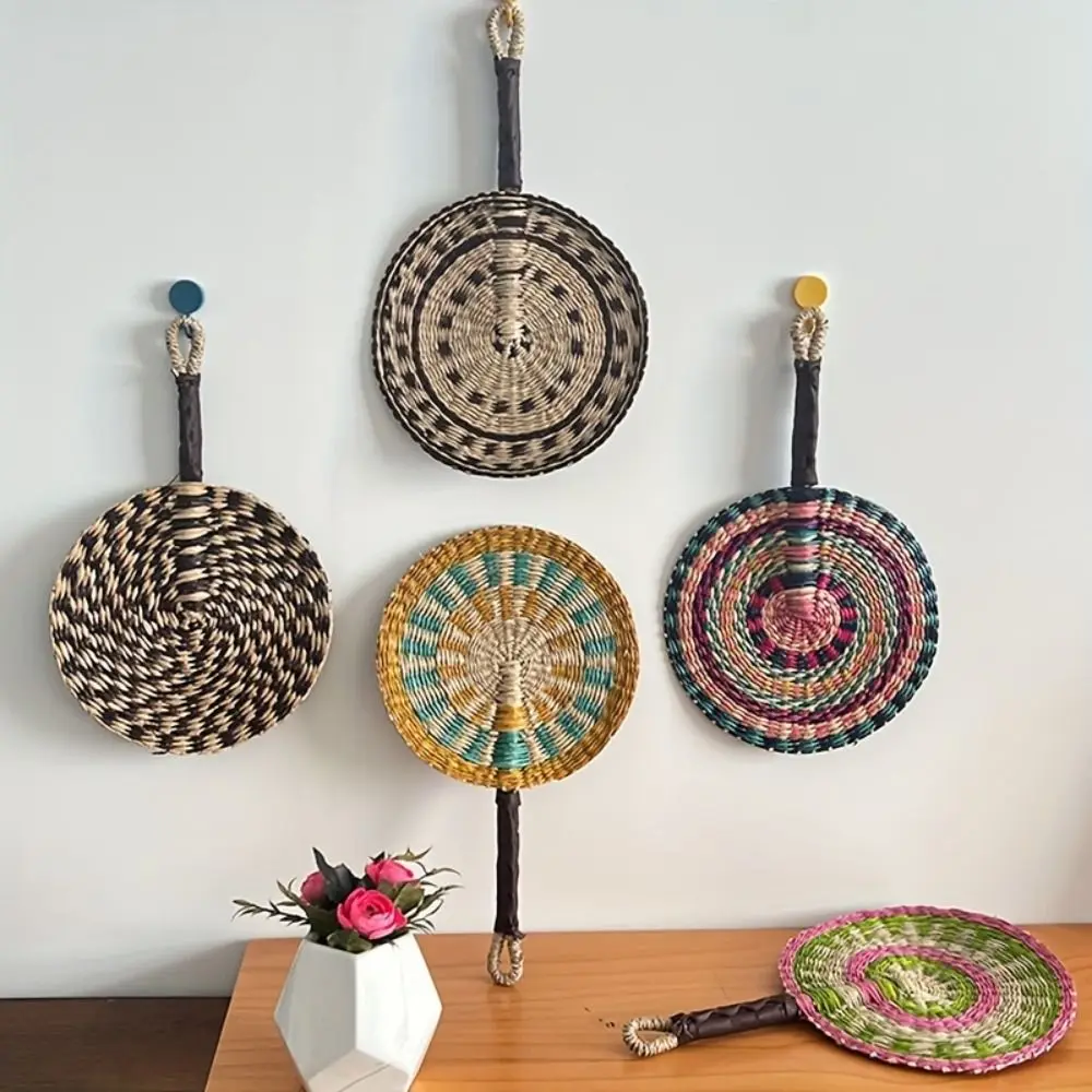 

Colorful Striped Patterns Seagrass Woven Fan Bohemian Anti-Mosquito Hand Braided Fan Vintage Decorative Handheld Fans Home Decor
