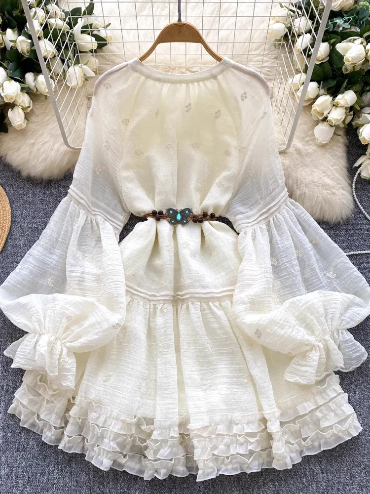 France Elegant Vintage Palace Evening Dress Women Embroidery Ruffle Flounce Party Dress Female Casual Beach Vacation Clothing