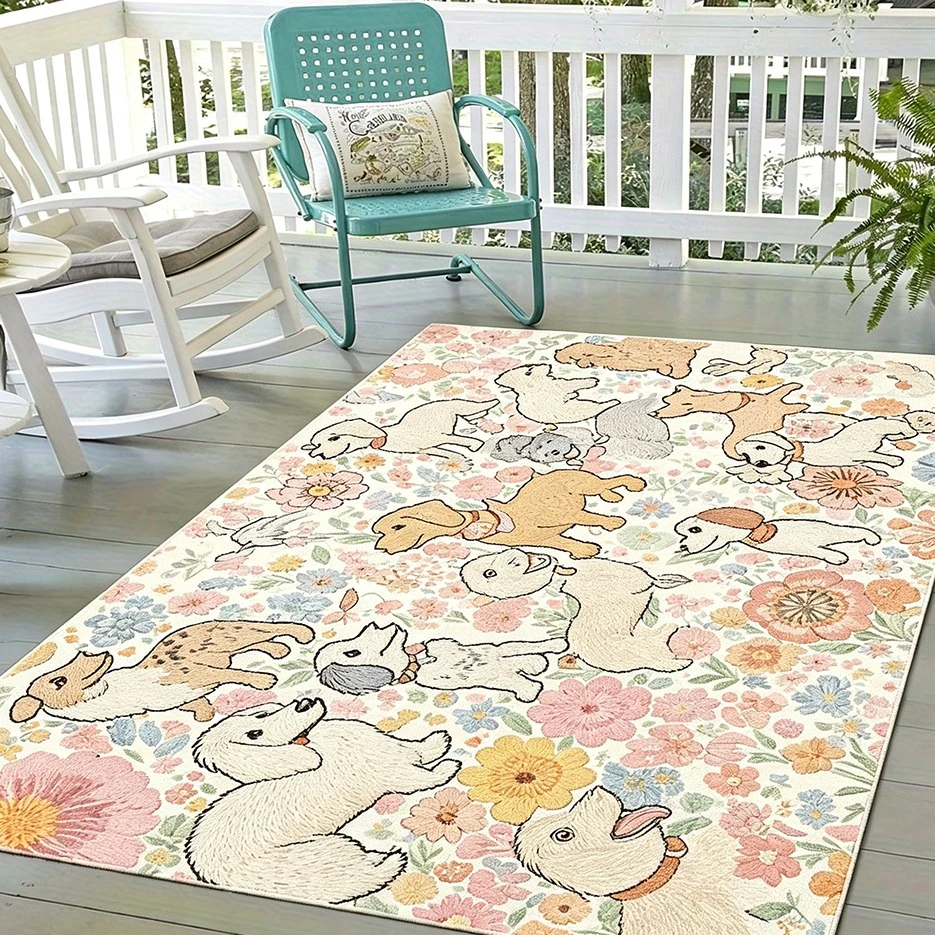 Rug Cute Dog Floral Botanical Vintage Print Decorative Floor Carpet for Patio Balcony Living Room Bedroom Lovely Home Interior