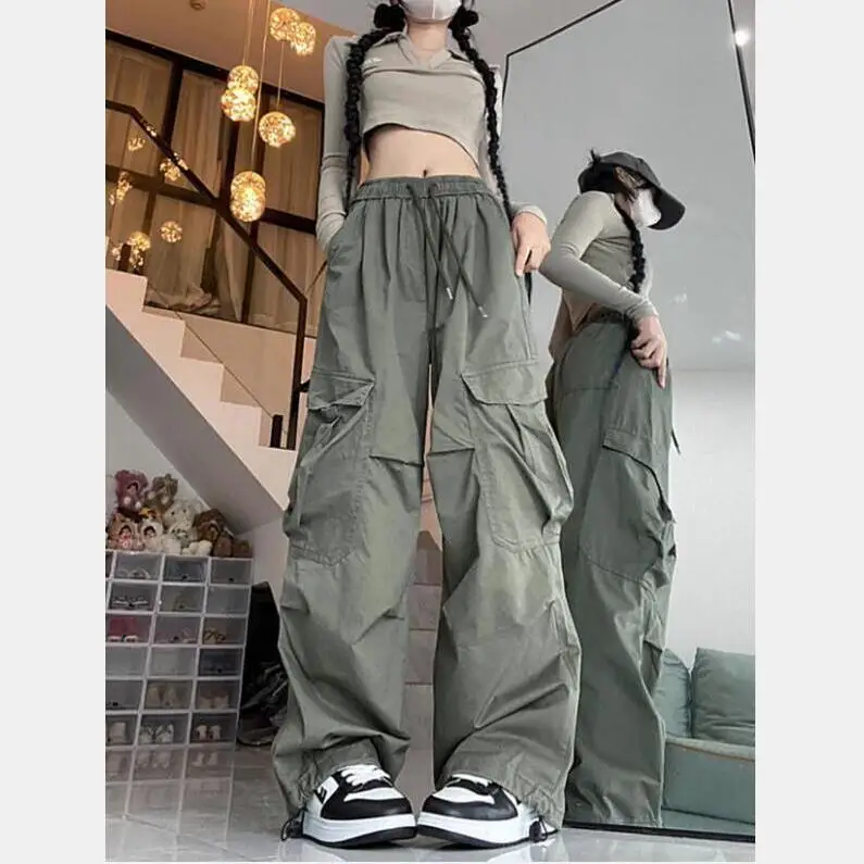 Retro American Military Green Work Pants Unisex High Street Functional Loose Wide Leg Drawstring Casual Long Trousers