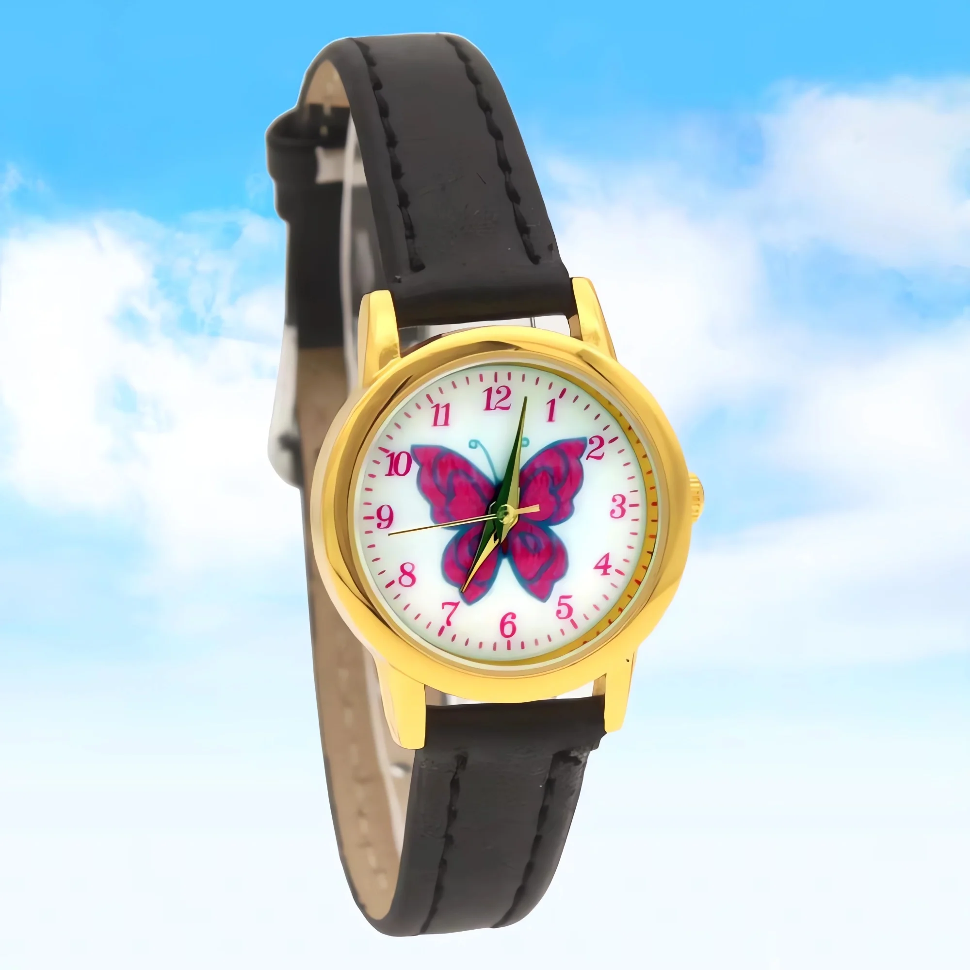Kids Butterfly Watch with Beautiful Leather Band Cartoon Analog Quartz Wristwatch Gift for Children