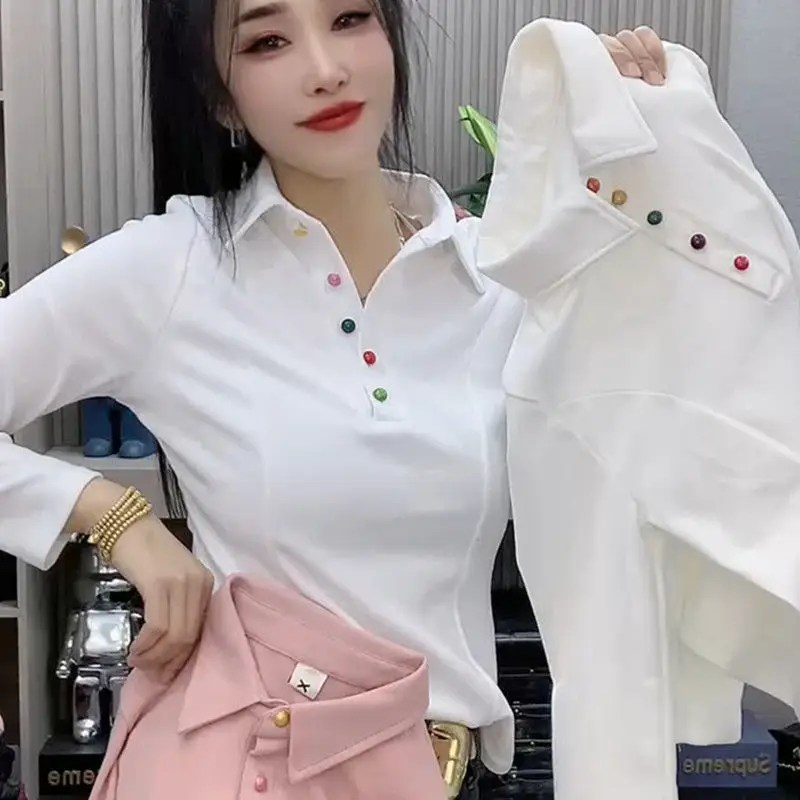 New Spliced Color Button Polo Collar T-shirt for Women's Fashion Age Reducing and Stylish Versatile Long Sleeved Top