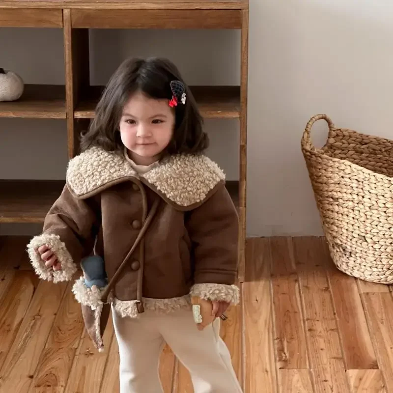 

2025 Winter New Baby Long Sleeve Plush Coat Infant Girls Plus Velvet Thick Casual Jacket + Bag Toddler Warm Lapel Coat