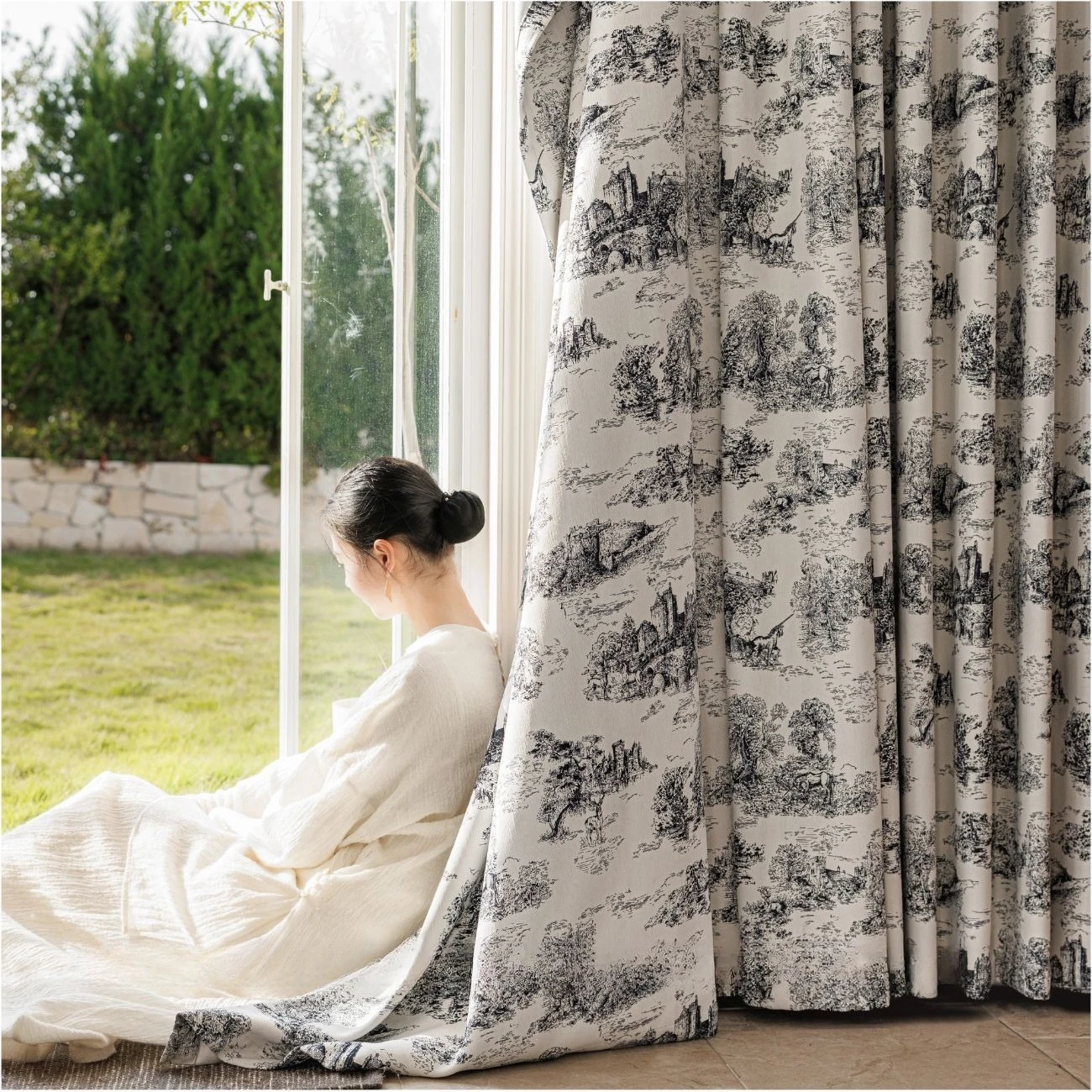 Custom Size Decor Chenille Impressionist Print Light Blocking Refreshing Retro Elegant Curtains for Living Dining Room Bedroom
