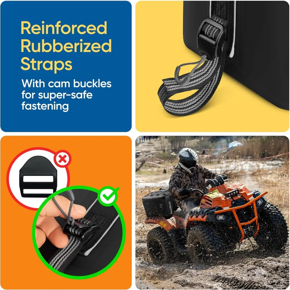 conjunto de bolsa de armazenamento para atv multiuso |   caixas acolchoadas e reforçadas |   cabe em qualquer atv |   encosto do banco traseiro |   3 sacos 18x9x10,2 polegadas cada