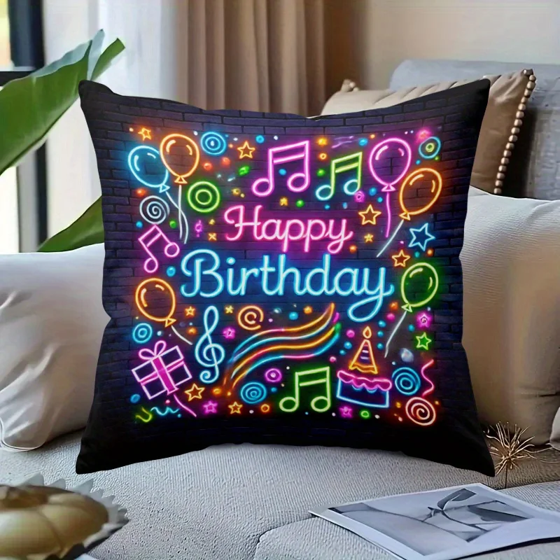 Neon Happy Birthday Pillowcase, Colorful Party Cushion Cover, Music Note Balloon Print, Festive Home Decor, Gift for Celebration