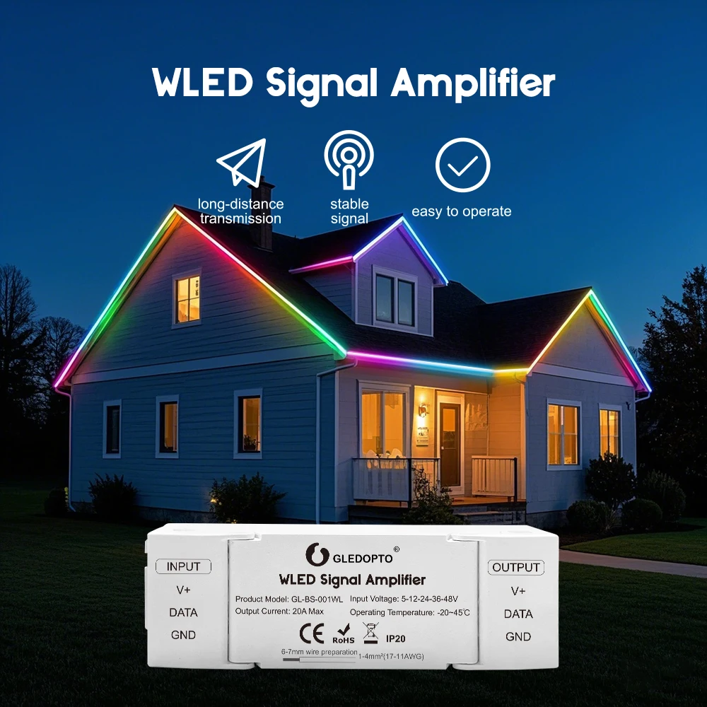 

GLEDOPTO WLED Signal Amplifier Booster 10m Extension No Flicker Signal Wire Enhancer for WS2811 WS2812 SK6812 Digital Controller