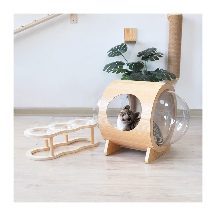 

Indoor Pet Cage House Transparent Acrylic Space Capsule Wooden Cat Furniture Nest Beds