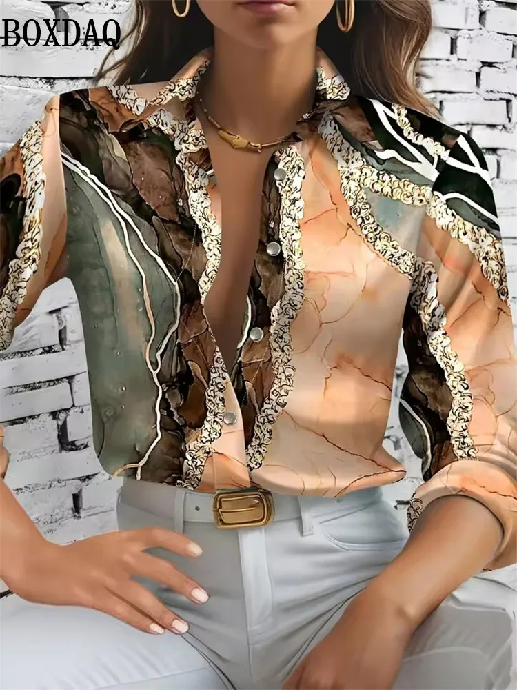 Chemisier rayé à motif imprimé en 3D, chemise décontractée à manches longues pour femmes, élégante, mode de bureau, ample, chemise à revers quotidienne pour femmes