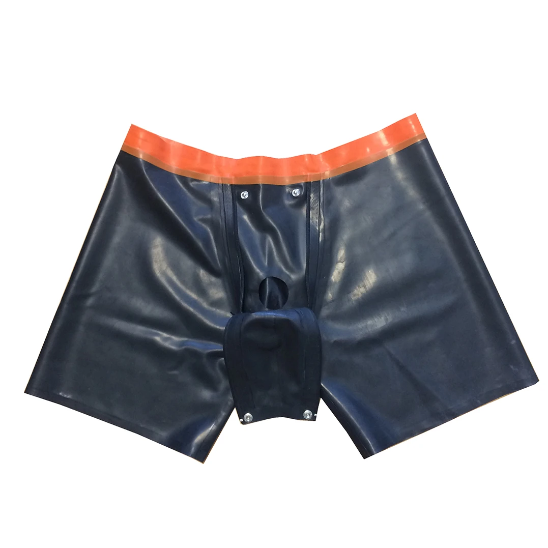 

Sexy Latex Underwear for Men, Tight Boxers, Black and Orange Rubber Shorts, Crotch Piece, Handmade Clothing, RPM008