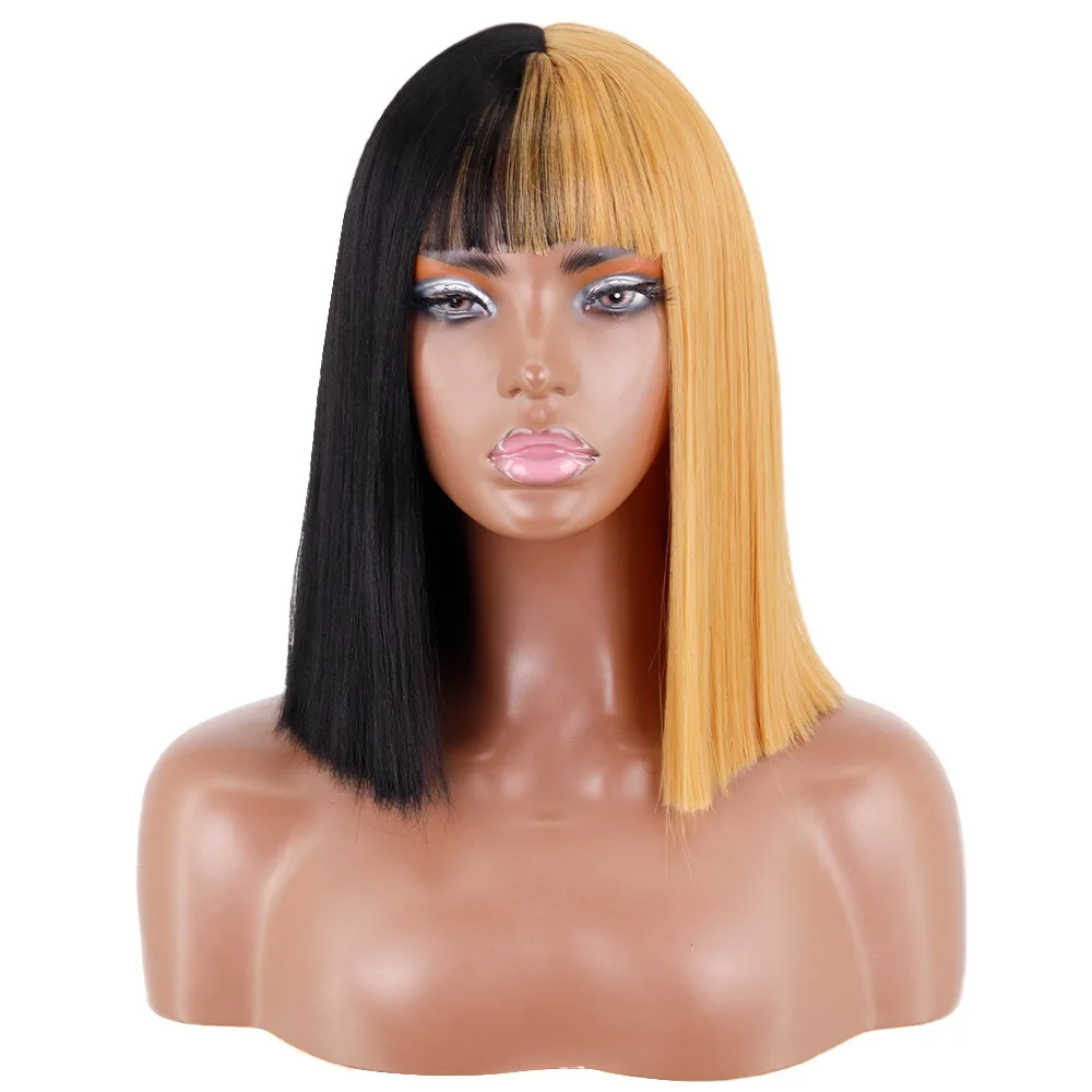 Belle Show Short Straight Halloween Pary Bob Wigs Synthetic Natural Ombre Blonde Pink Grey Bob Wig With Bangs