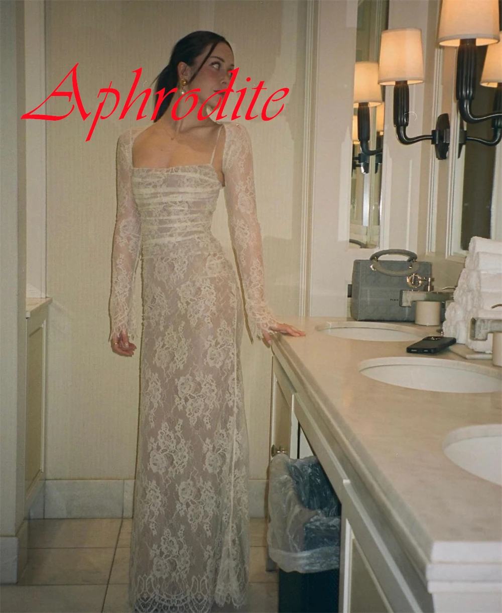 Customized Classic Ivory Lace Evening Dress Exquisite Square Collar Long Sleeves Zipper Back Mermaid Special Occasion Gowns