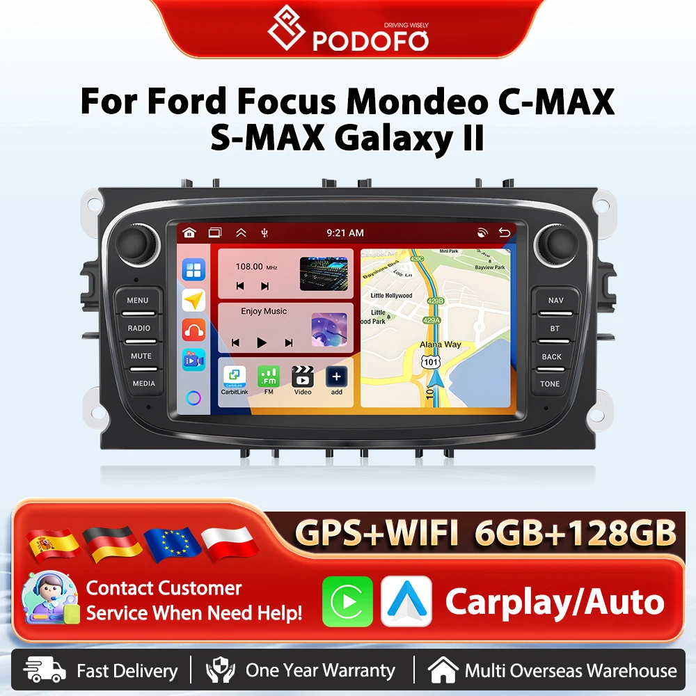 Podofo 6 + 128G Carplay Autoradio für Ford Focus Mondeo C-MAX S-MAX Galaxy II Kuga Android Auto WIFI GPS Auto Multimedia Player