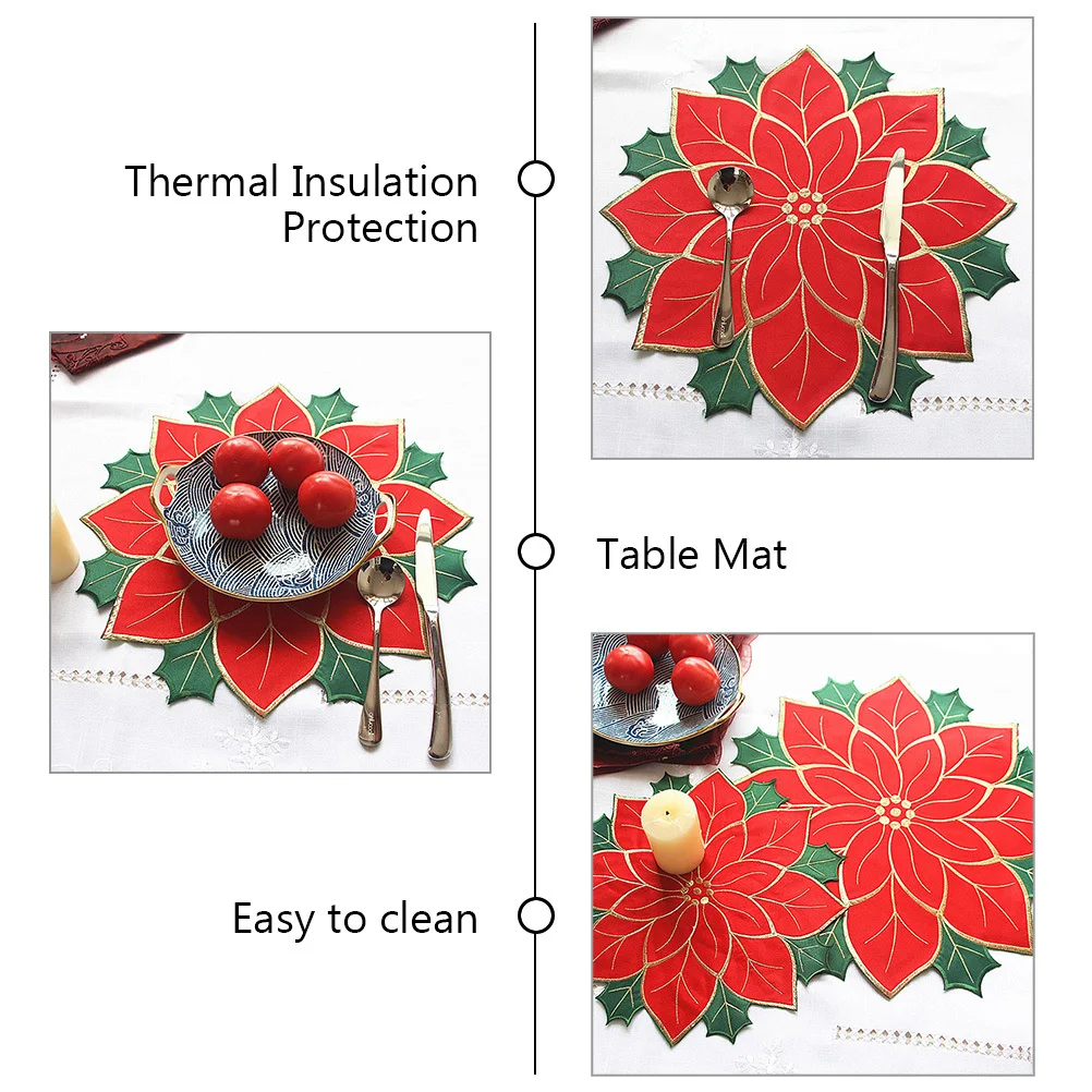 

4Pcs Christmas Placemat Embroidered Poinsettia Insulation Dining Table Plate Mat Heat Resistant Party Decor Poinsettia Placemat
